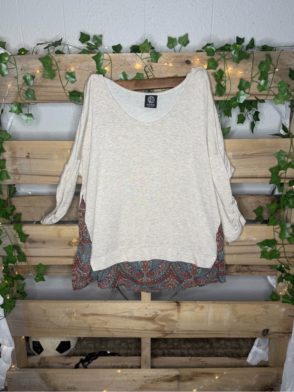 bobeau Cream Layered Knit Tunic with Patterned Hem